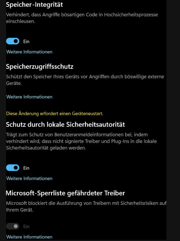 Windows 11 Sicherheit: Schalter Speicherzugriffsschutz fehlt