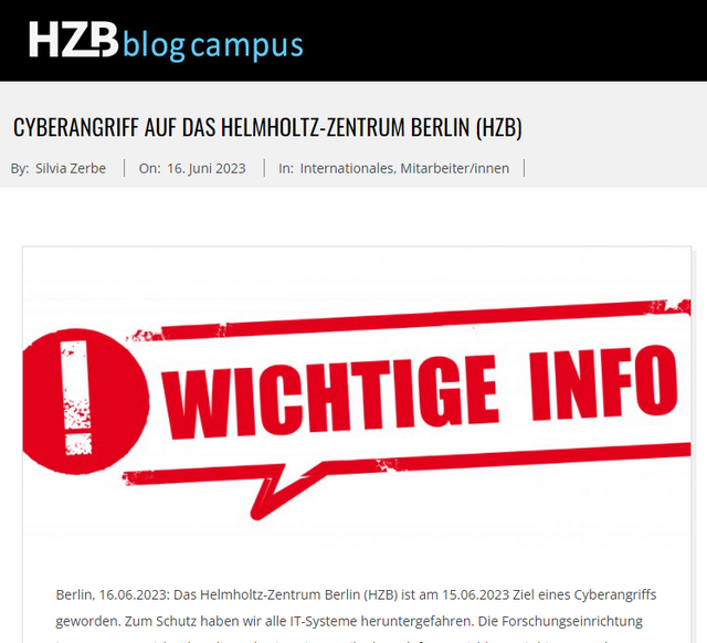 Cyberangriff auf das Helmholz Zentrum Berlin