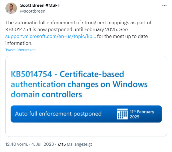 KB5014754 is now postponed until February 2025 KB5014754 is now postponed until February 2025