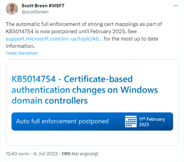 KB5014754 is now postponed until February 2025