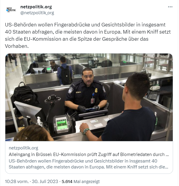 EU-Kommission prüft US-Zugriff auf Biometriedaten europäischer Bürger EU-Kommission prüft US-Zugriff auf Biometriedaten europäischer Bürger