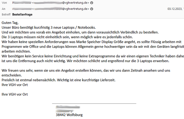 Schein-Angebotsanfrage Schein-Angebotsanfrage