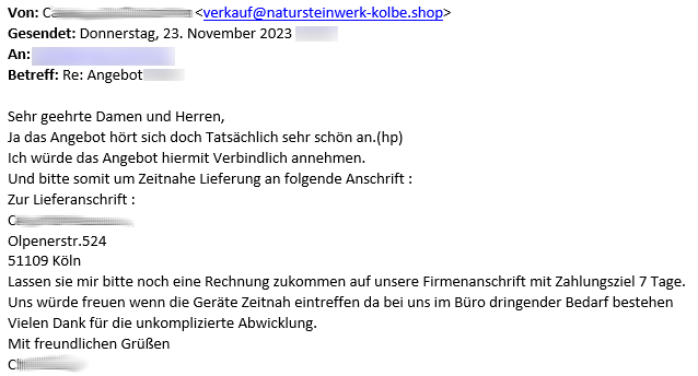 Betrugsmail mit der Bestellung