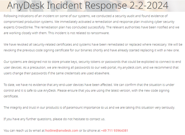 AnyDesk-Meldung über Cybervorfall 2. Februar 2024