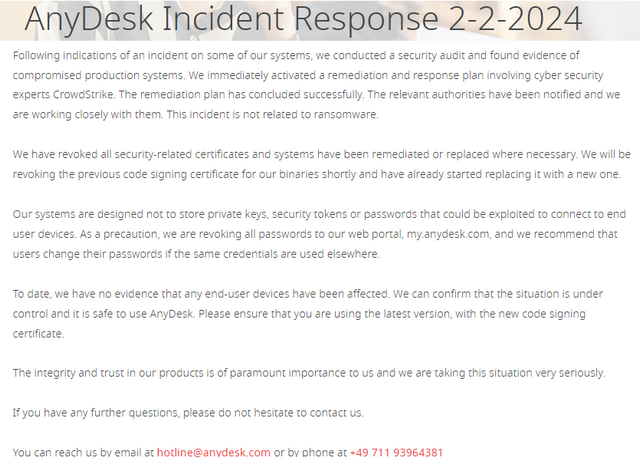 AnyDesk-Meldung über Cybervorfall