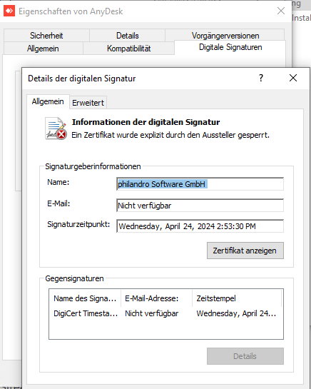 AnyDesk-Client Digitale Signatur