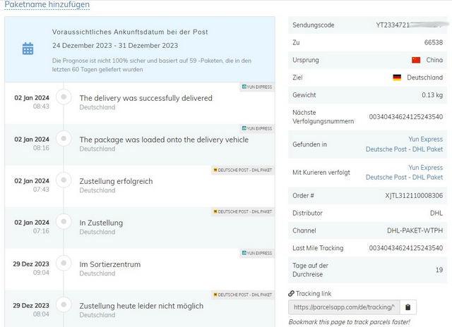 YunExpress Parcels Tracking-Portal Suchergebnis