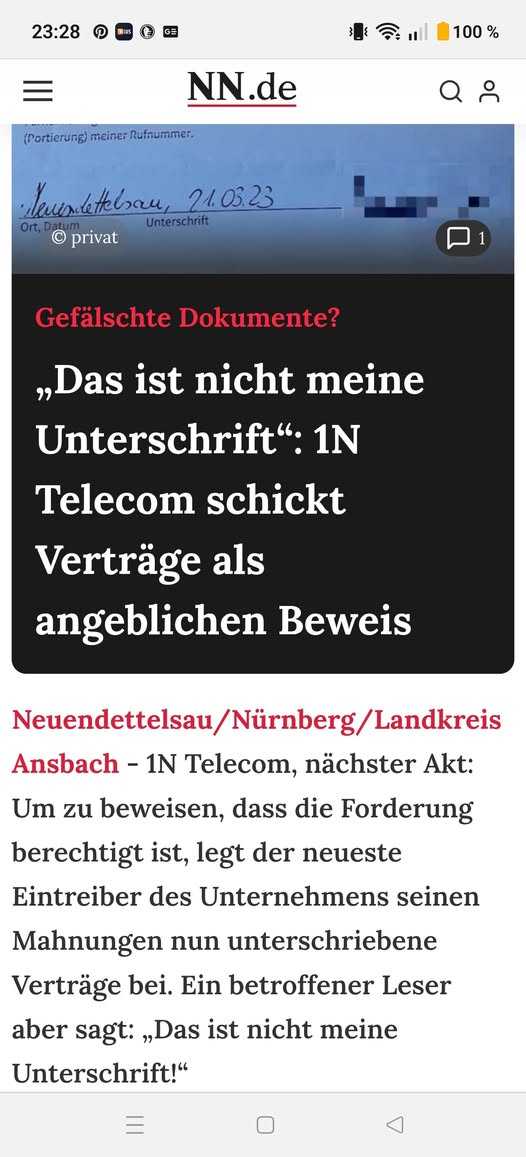 Bericht über gefälschte Unterschriften 1N Telecom GmbH