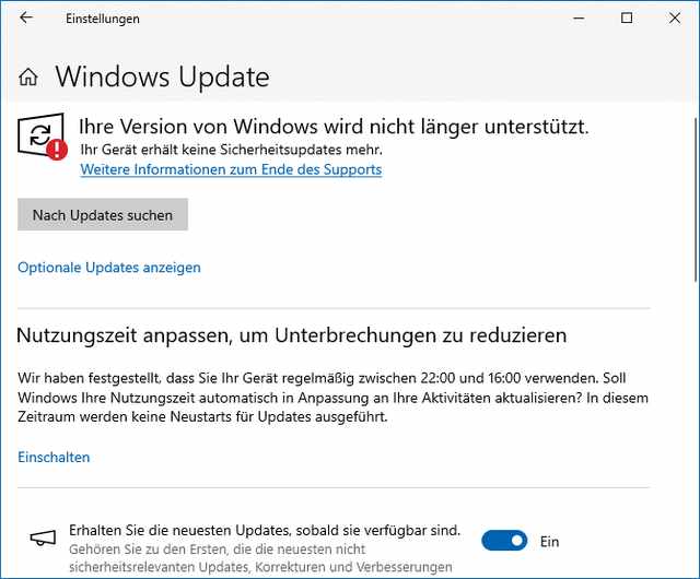 Windows 10 EOL-Meldung