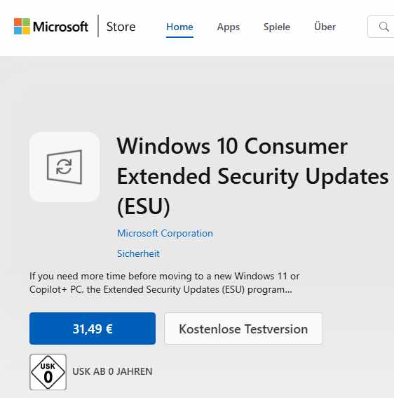 Windows 10 ESU-Lizenz im Microsoft Store