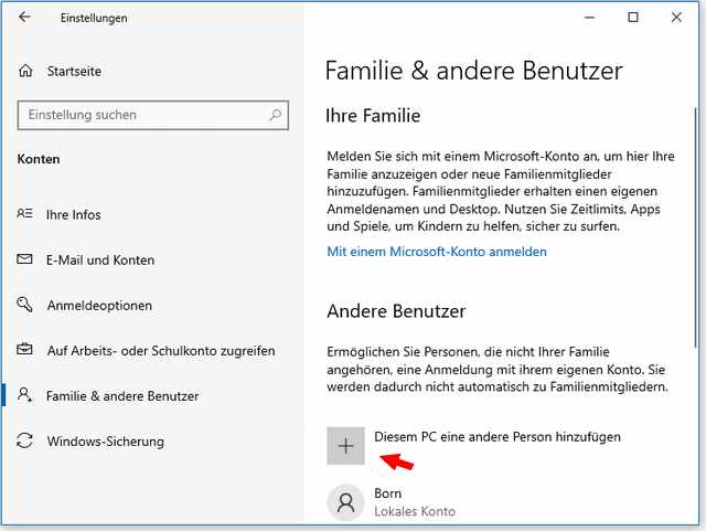 Windows 10 Einstellungsseite mit Konten