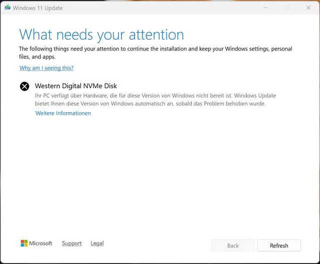 Windows 11 25H2 Upgrade warning NVMe SSD