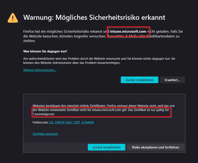 Microsoft Admin Portal Zertifikatsfehler